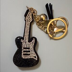 Guitar Rhinestone Keychain Charm in Black and Gold